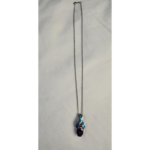 Amethyst & Blue Fire Opal Inlay 925 Sterling Silver Pendant W16” Necklace - Picture 2 of 5